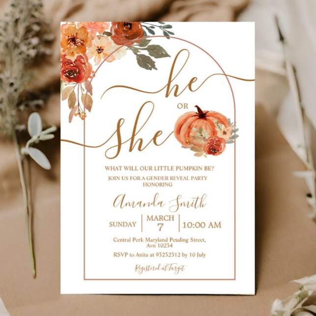 He or She Boho Arch Pumpkin Gender Reveal Invitation (Creator Uploaded)