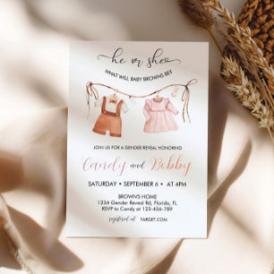 He or She Boho Clothesline Gender Reveal Invitation