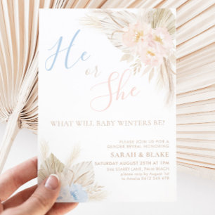 He Or She Boho Pink Blue Gender Reveal Invitation