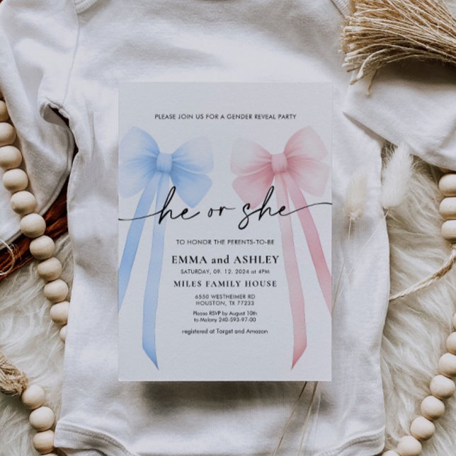 He or She Bow Gender Reveal Invitation (Creator Uploaded)