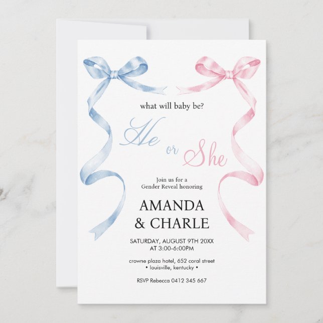 He or She Bow Gender Reveal  Invitation (Front)