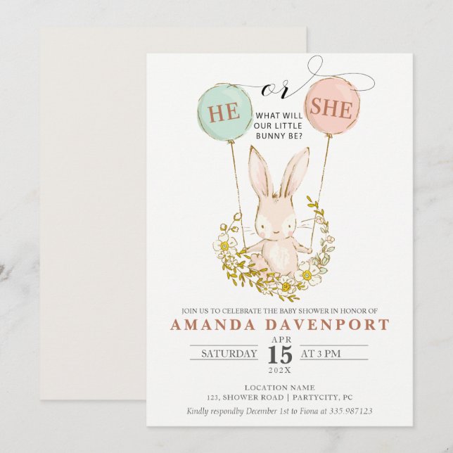 He or She Bunny Balloons gender reveal Invitation (Front/Back)