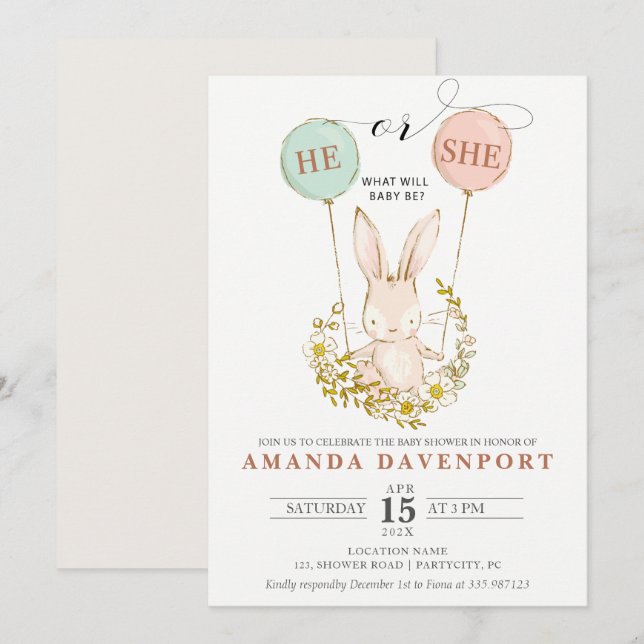 He or She Bunny Balloons gender reveal Invitation (Front/Back)