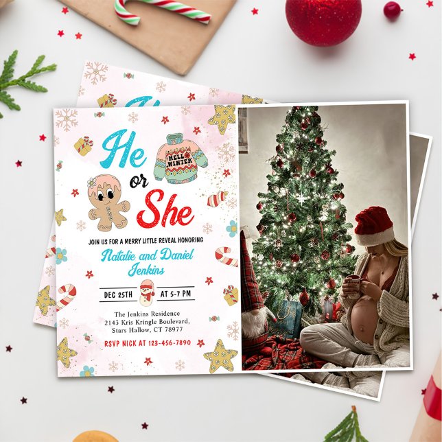 He or She Christmas Gender Reveal Baby Shower Invitation (Creator Uploaded)