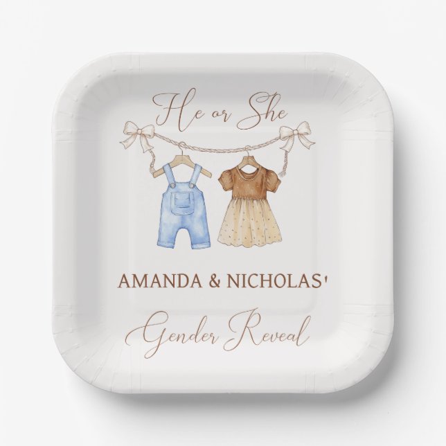 He or She Clothes Gender Reveal  Paper Plate (Front)