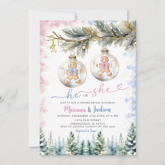 He or She Cookies Christmas Ornament Gender Reveal Invitation (Front)