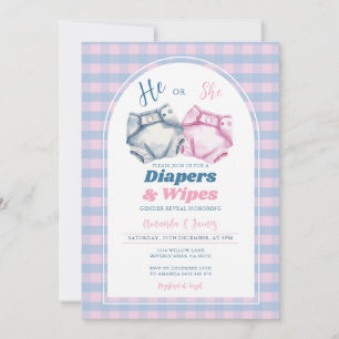 He or She Diapers and Wipes Gender Reveal Gingham Invitation