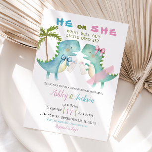 He or She Dino With Pink Blue Bow Gender Reveal Invitation
