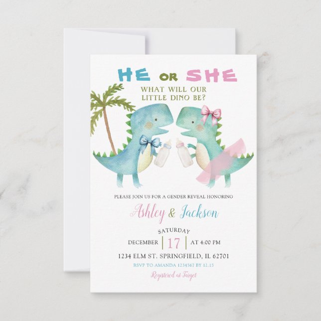 He or She Dino With Pink Blue Bow Gender Reveal Invitation (Front)
