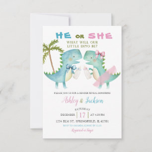 He or She Dino With Pink Blue Bow Gender Reveal Invitation