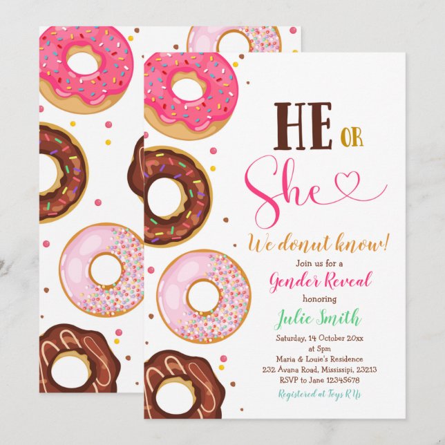 He or She Doughnut Gender Reveal Invitation (Front/Back)