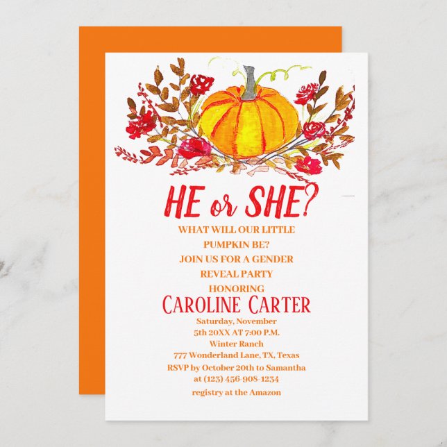 He or She Fall Pumpkin Gender Reveal Invitation (Front/Back)