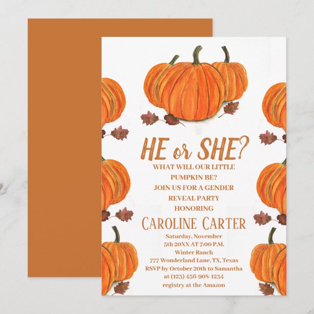 He or She Fall Pumpkin Gender Reveal Invitation (Front/Back)