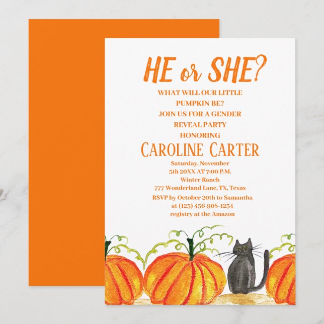 He or She Fall Pumpkin Gender Reveal Invitation (Front/Back)
