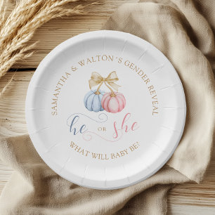 He or She Fall Pumpkin Gender Reveal Paper Plates