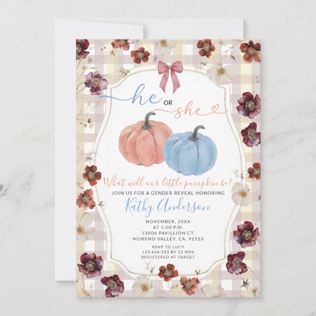 He Or She Fall Pumpkin Wildflower Gender Reveal Invitation (Front)