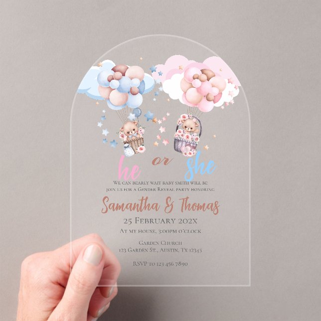 He or She Gender Reveal Acrylic Invitation (Insitu (Handheld))