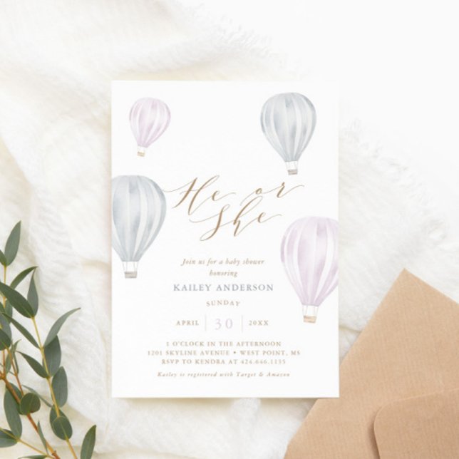 He or She Gender Reveal Air Balloon Baby Shower Invitation (Creator Uploaded)