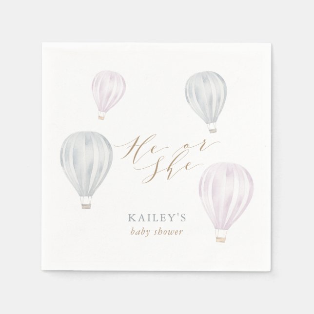 He or She Gender Reveal Air Balloon Baby Shower Napkin (Front)