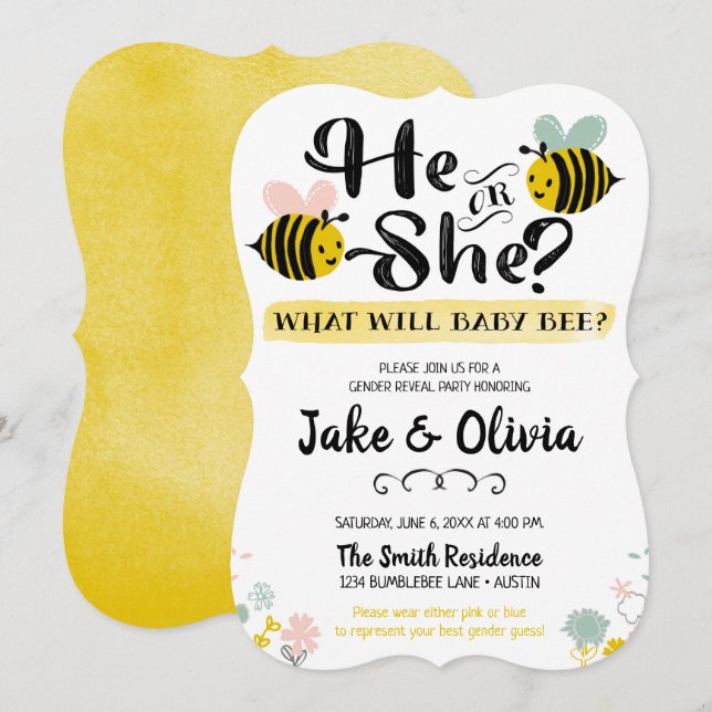He or She Gender Reveal Bee Baby Bumblebee Invitation (Front/Back)