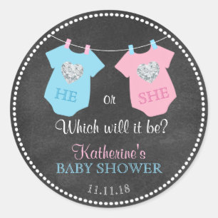 He or She Gender Reveal Chalkboard Baby Shower Classic Round Sticker