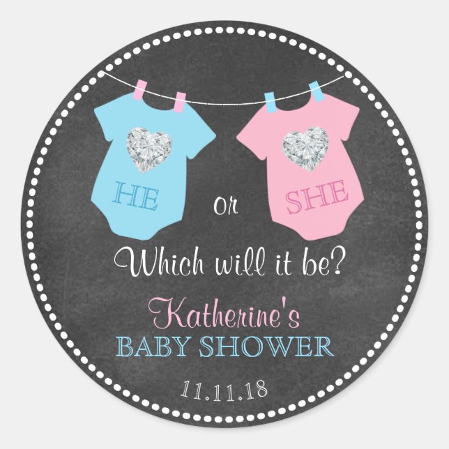 He or She Gender Reveal Chalkboard Baby Shower Classic Round Sticker (Front)