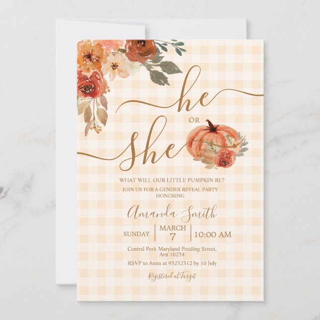 He or She Gingham Fall Pumpkin Gender Reveal Invitation (Front)