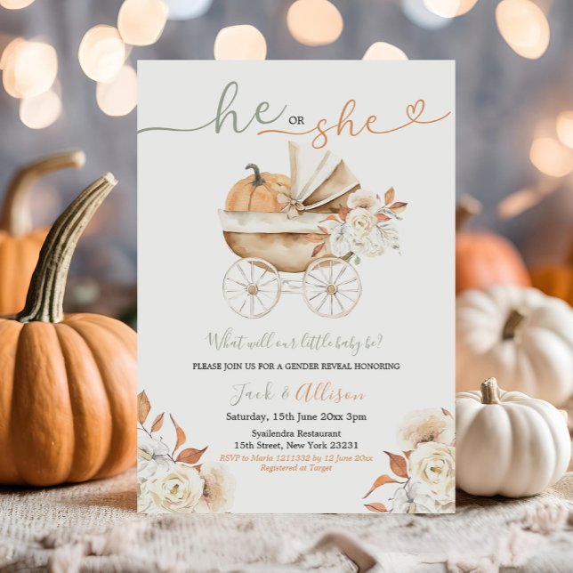 He or She Gingham Pumpkin Carriage Gender Reveal Invitation (Creator Uploaded)