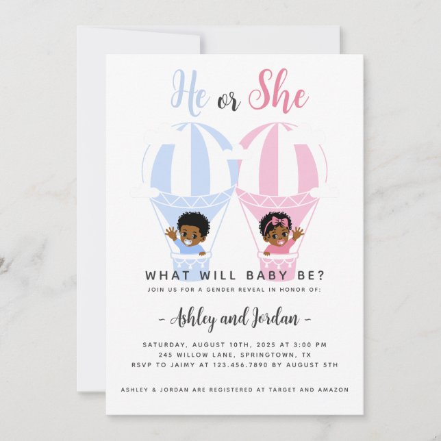 He or She Hot Air Balloon Gender Reveal Invitation (Front)