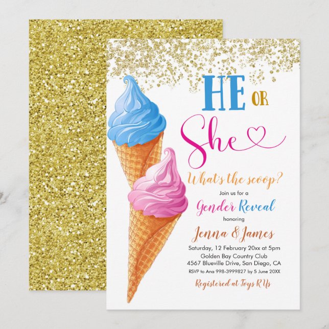 He or She Ice Cream Gender Reveal Invitation (Front/Back)