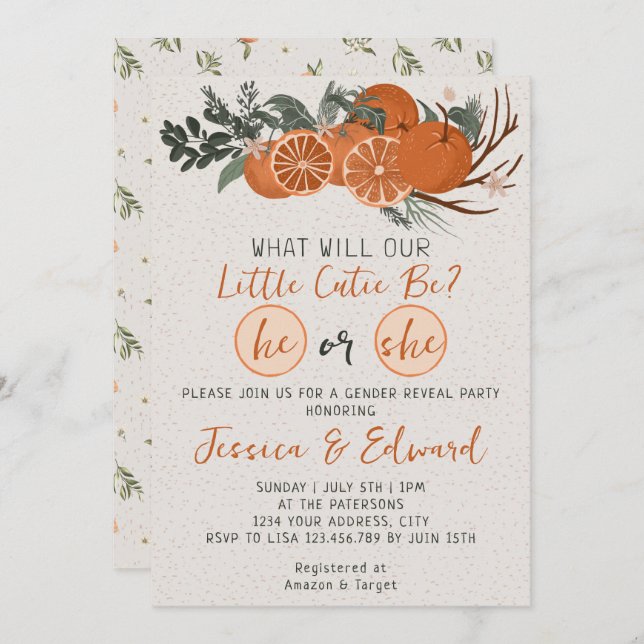 He or She Little Cutie Citrus Orange Gender Reveal Invitation (Front/Back)