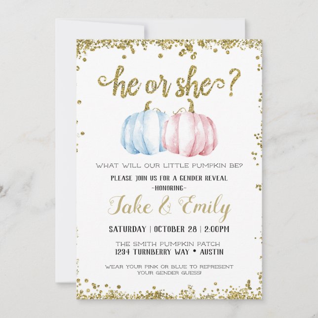 He or She Little Pumpkin Gender Reveal Blue Pink Invitation (Front)