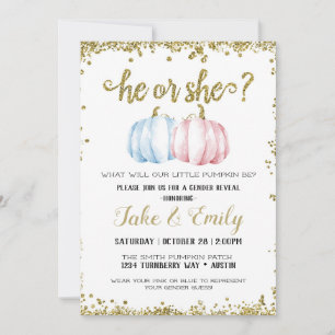 He or She Little Pumpkin Gender Reveal Blue Pink Invitation