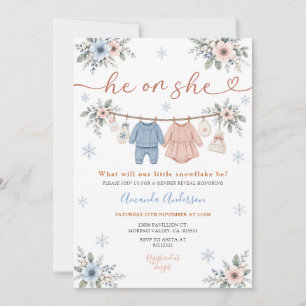 He or She Little Snowflake Winter Gender Reveal  Invitation