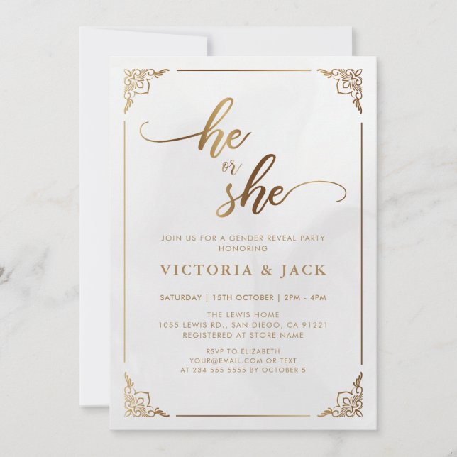 He or She Luxury Gold Ornate Baby Gender Reveal Invitation (Front)