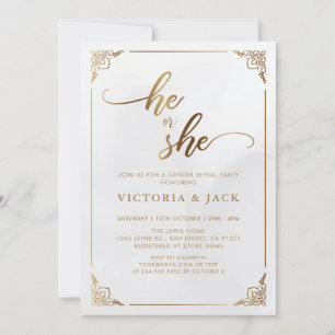 He or She Luxury Gold Ornate Baby Gender Reveal Invitation