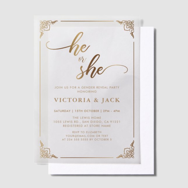 He or She Luxury Gold Ornate Baby Gender Reveal Vellum Invitations (Offset)