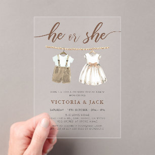 He or She Neutral Baby Clothes Gender Reveal Acrylic Invitations