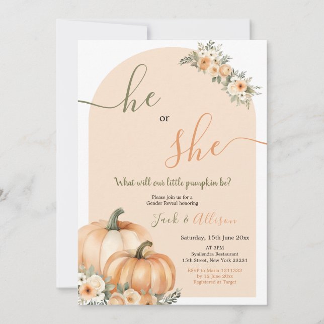 He or She Orange Pumpkin Fall Floral Gender Reveal Invitation (Front)