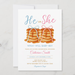 He or She Pancake Gender Reveal Pink & Blue Bow Invitation
