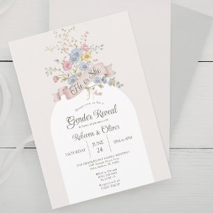 He or She Pastel Floral Arch Gender Reveal Invitation
