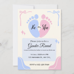 He or She Pastel Pink Blue Gender Reveal Invitation