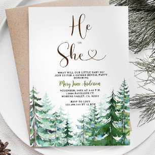 He or She Pine Trees Winter Gender Reveal Invitation