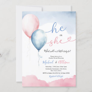 He Or She Pink And Blue Balloon Gender Reveal Invitation