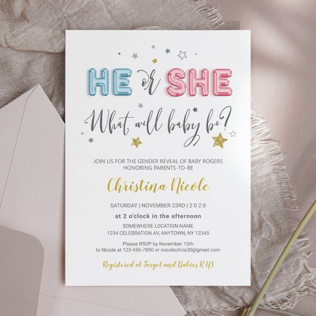 He or She Pink and Blue Foil Balloons Baby Shower Invitation (Creator Uploaded)
