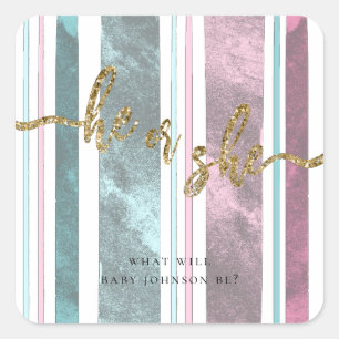 He or She Pink and Blue Gender Reveal  Square Sticker