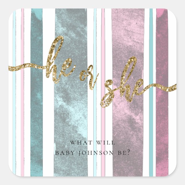 He or She Pink and Blue Gender Reveal  Square Sticker (Front)