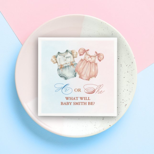 He or She Pink Blue Baby Outfit Party Napkins (Creator Uploaded)