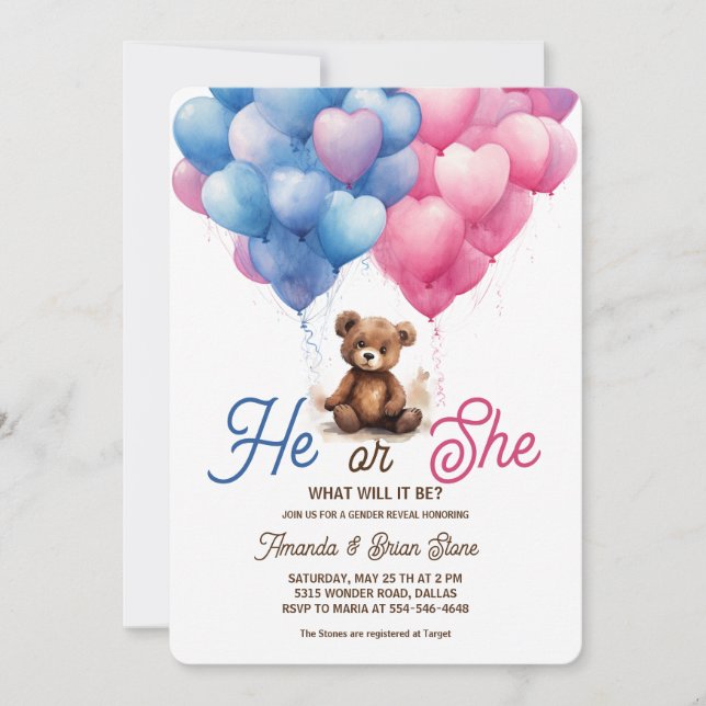 He or She Pink Blue Balloons Bear Gender Reveal Invitation (Front)