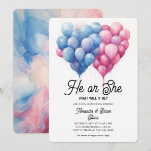 He or She Pink Blue Balloons Gender Reveal Party  Invitation